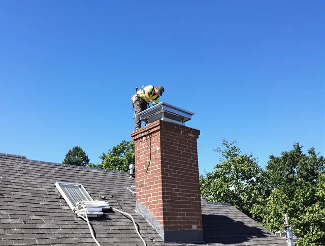Southbury Chimney Sweep technician measuring a chimney cap in Southbury, CT