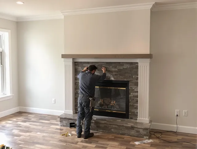 Southbury Chimney Sweep finishing a custom fireplace install in Southbury, CT